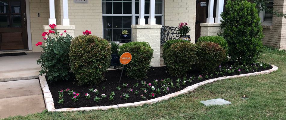 Replenished mulch ground covering to a landscape bed in River Oaks, TX.