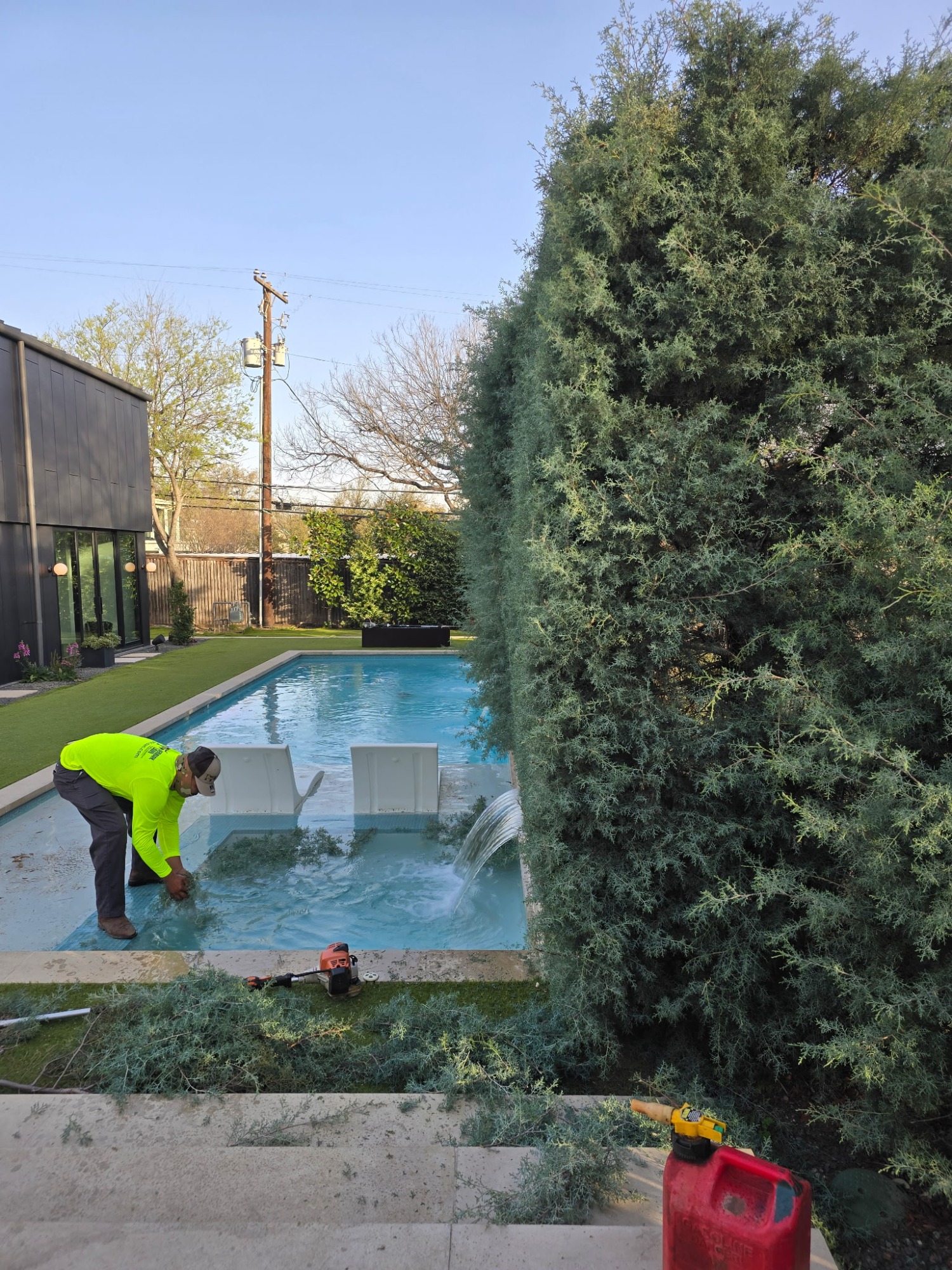 Denmark Lawn crew trimming hedges and gathering debris beside a pool